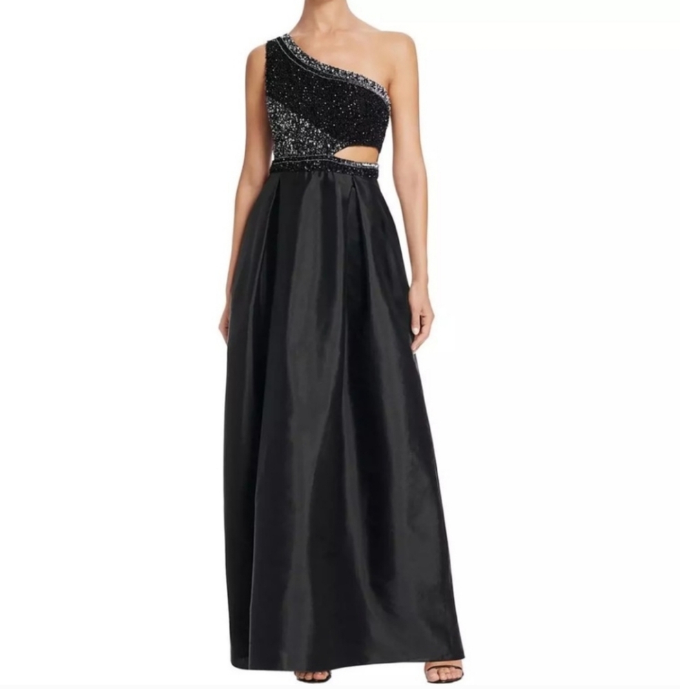 Aidan Mattox One Shoulder Cutout Embellished Gown 4 Small Prom Dress Black Tie